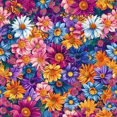 Poster - A close-up photograph of a vibrant mix of colorful wildflowers in full bloom, creating a rich and textured floral pattern. The flowers are mostly daisies and other similar blooms, with shades of pink,