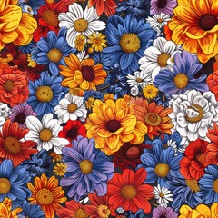 Aufkleber - A vibrant, colorful floral pattern featuring a variety of flowers in orange, blue, and white. The flowers are arranged in a tight, overlapping pattern, creating a sense of movement and energy. The ima