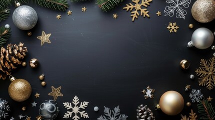 Poster - A flat lay image featuring a variety of gold and silver Christmas ornaments, including baubles, snowflakes, pine cones, and stars, arranged around the edge of a black surface. This festive image is pe
