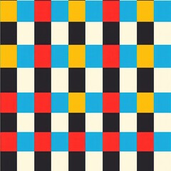 Poster - A colorful checkerboard pattern with alternating squares of red, yellow, black, and blue. The squares are evenly spaced and create a repeating pattern. The background is a pale cream color.