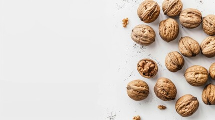 Arrangement of Walnuts on a White Background with Space for Text