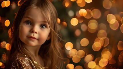 Poster - A young girl with long blonde hair is looking at the camera. She is wearing a sparkly gold dress and has a gentle expression on her face. The background of the image is blurred with bokeh lights, crea