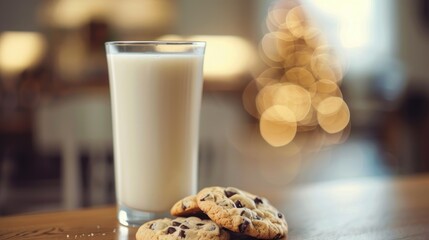 In the soft blur of the background lies a nostalgic scene of a tall glass of milk and freshly baked chocolate chip cookies symbolizing the essence of World Milk Day World Cookies Day and Cho