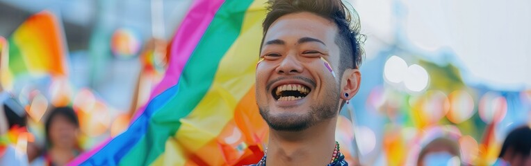 Poster - A man is smiling and holding a rainbow flag. Concept of joy and celebration, as the man is participating in a pride parade or a rainbow-themed event. The vibrant colors of the flag