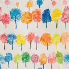 Poster - This is a drawing of a forest of trees created with colored pencils on white paper. The trees are all different colors, including red, orange, yellow, green, blue, and pink. They are drawn in a simple