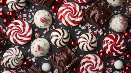 Poster - A close-up view of an assortment of peppermint swirl candies and chocolate pieces arranged on a black surface. The candies are red and white, while the chocolate is dark brown. The image evokes a sens