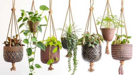 Wall Mural - Isolated high-definition image of diverse hanging plants in unique pots.