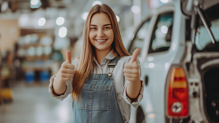 beautiful young woman in overalls shows a thumbs up at a car service, smiling and looking into the camera