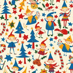 Poster - A festive, repeating pattern featuring cartoon elves in colorful outfits, Christmas trees, stars, and other holiday decorations. The background is a light cream color, making the bright colors of the 