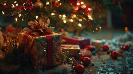 Poster - A close-up view of Christmas presents wrapped in festive paper and tied with bows, lying under a Christmas tree adorned with twinkling lights and ornaments. The scene evokes feelings of anticipation a