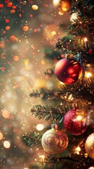 Aufkleber - A close-up image of a Christmas tree decorated with colorful ornaments and twinkling lights. The ornaments are red, gold, and white, and the lights are strung throughout the branches. The background i