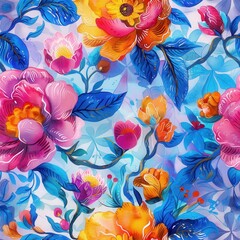 Leinwandbilder - This image showcases a vibrant watercolor floral pattern featuring a variety of colorful flowers and leaves. The pattern is dominated by large pink flowers with intricate details, set against a backdr