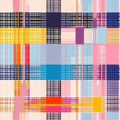 Poster - An abstract digital pattern featuring a plaid background with various geometric shapes. The shapes are arranged in a grid-like pattern and feature a variety of colors, including red, blue, yellow, gre