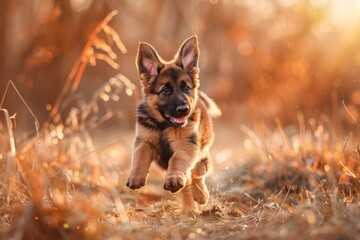 Energetic german shepherd puppy joyfully running in meadow, showcasing lively spirit and beauty