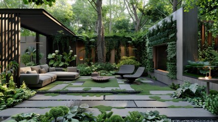 Poster - A lush green garden with a patio area with a black canopy and a fireplace. The patio is furnished with a couch and a chair