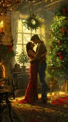 Poster - A couple embraces by a beautifully decorated Christmas tree in a warmly lit home. The woman is wearing a long red dress, and the man is wearing a flannel shirt and jeans. The room is decorated with fe