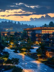 Poster - glowing interconnected business park at serene sunset