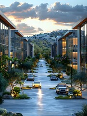 Poster - futuristic business park with interconnected microgrid sustainable energy network
