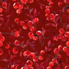Fototapete - A digital illustration featuring a repeating pattern of red berries and leaves on a dark red background. The berries are clustered together on branches, and the leaves are a darker shade of red. The i