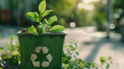 23. Creative design of a recycling bin with green leaves sprouting from it, symbolizing waste reduction and sustainability