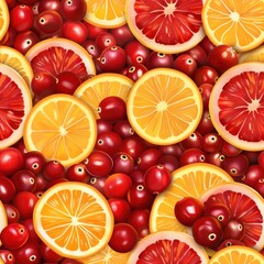 Poster - A vibrant image featuring a close-up view of fresh, sliced orange, grapefruit, and cranberries. The citrus fruits are arranged in a circular pattern, creating a visually appealing design. The vibrant 