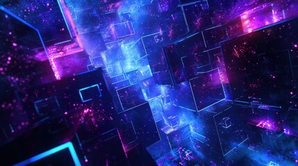 Poster - A colorful, futuristic cityscape with neon lights and a blue sky. Scene is energetic and futuristic