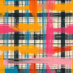 Poster - This is a digital illustration of an abstract colorful plaid pattern with brushstrokes. The image features a grid of black, white, blue, and red lines that are overlaid with thick, painted strokes of 