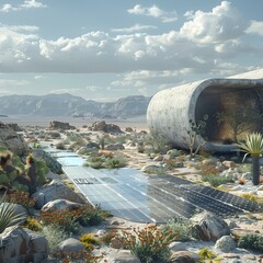 Poster - futuristic microgrid facility in arid desert landscape with renewable energy technology