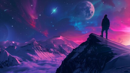 Wall Mural - a man standing on the edge of a mountain looking at aurora and planets