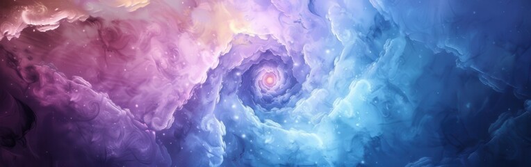 Poster - This digitally created image displays a swirling, abstract composition of clouds in shades of pink, blue, and white. The swirling clouds create a sense of depth and movement, and the bright, white acc