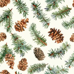 Wall Mural - A seamless pattern of watercolor illustrations depicting evergreen tree branches and pine cones on a white background. The branches are depicted in various shades of green, and the pine cones are in s