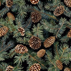 Poster - This image showcases a seamless pattern of evergreen pine cones and branches on a black background. The pattern features realistic illustrations of pine cones in various sizes and orientations, inters