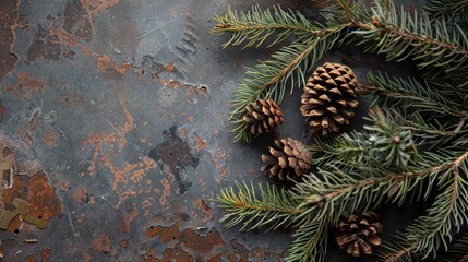 A close-up shot of a pine branch with brown cones on a distressed, textured metal surface. The branch is positioned on the right side of the frame, creating a natural border. The metal surface has a d