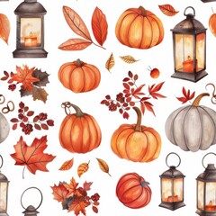 Poster - This image showcases a watercolor pattern featuring pumpkins, lanterns, and autumn leaves. The vibrant colors and intricate details create a warm and inviting atmosphere, perfect for fall decor or sea
