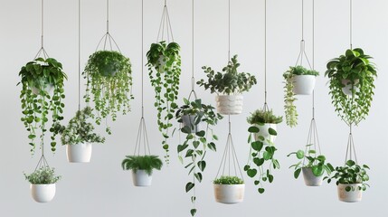 Varied collection of hanging plants in ceramic pots, high-definition.