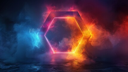 Volumetric pentagons with inner gradients, vibrant neon colors, dark background, digital art, high contrast, geometric precision, modern design, artistic composition, dynamic and lively.