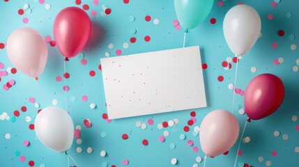 Poster - This image shows a collection of colorful balloons and confetti scattered across a bright blue background. There is a white card in the center of the image with plenty of space for text. The balloons 