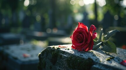 Wall Mural - In accordance with religious custom a single flower is placed at the grave in the cemetery as a symbol of remembrance for a departed loved one A crimson rose was tenderly placed on the grav