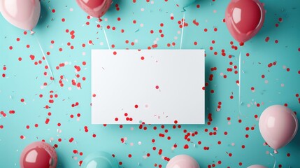 Poster - A white card with blank space sits on a turquoise background. It is surrounded by red and pink balloons and red confetti. The balloons are attached to strings, and some of the confetti is falling.