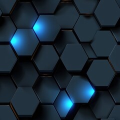Fototapete - This image features a close-up of a geometric pattern made up of dark blue hexagons with bright blue lights emanating from several of the hexagons. The hexagons appear to be three-dimensional and are 