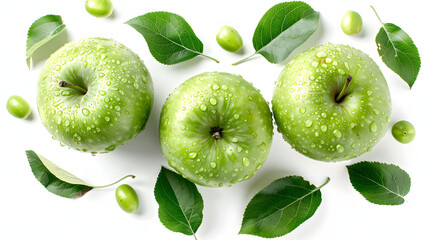 fresh ripe green apples on wooden table, top view isolated on white background, realistic, png