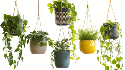 Wall Mural - Vibrant hanging plants in various pots, isolated high-resolution image.