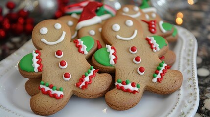 Poster - A close-up image of several gingerbread cookies decorated with green, white, and red icing and candy. The cookies are arranged on a white plate with a beaded rim, and the background is blurry, focusin