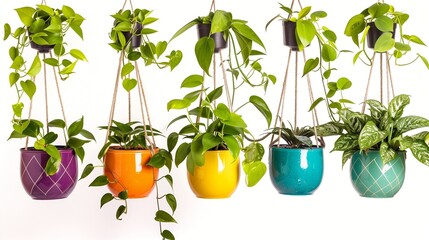 Wall Mural - Vivid hanging house plants in decorative pots, isolated HD photo.