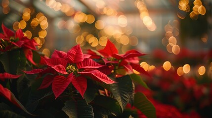 Poster - A close-up shot of red poinsettia blooms in the foreground, with a blurred background of golden bokeh lights. The image captures the vibrant colors and festive spirit of the holiday season.