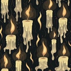 Poster - A seamless pattern illustration of multiple candles burning brightly against a black background. The candles are drawn in a cartoon style with melting wax dripping down the sides. The illustration fea