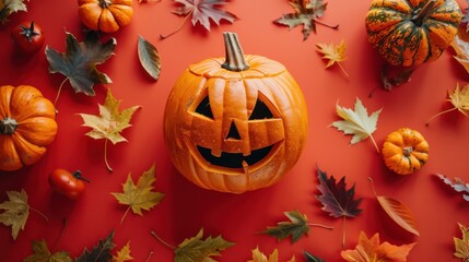 Poster - A carved jack-o-lantern sits on a red background surrounded by fall leaves and other pumpkins. The pumpkin has a carved face with a wide smile and large eyes. The leaves are a variety of colors, inclu