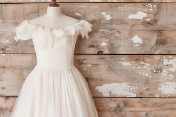 Wall Mural - A vintage-inspired wedding dress with an off-the-shoulder neckline, short sleeves and tulle skirt on display against the backdrop of weathered wood paneling.