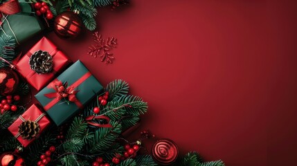 Aufkleber - A flat lay image featuring a red background with green and red wrapped Christmas gifts, pine branches, red berries, and a red ornament. There is empty space to the right of the gifts and branches for 