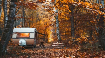 Poster - A small trailer is parked in a forest with a picnic table and a bench. The leaves on the ground are orange and the trees are bare. The scene is peaceful and serene, with the trailer providing a cozy